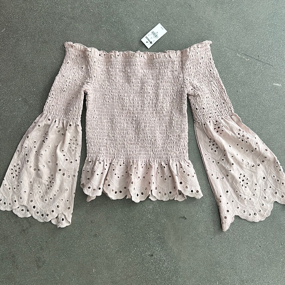 Express Off The Shoulder Smocked Eyelet Lace Bell sleeve top